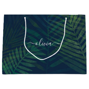 Grand Sac Cadeau Palmiers vert foncé motif feuille