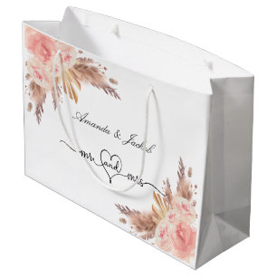 Grand Sac Cadeau Pampas mariage herbe rose pâle rose