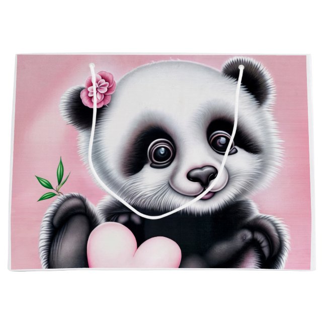 Grand Sac Cadeau Panda mignonne tenant un coeur (Devant)
