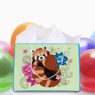 Grand Sac Cadeau Panda Rouge Lotus Fleurs Henné