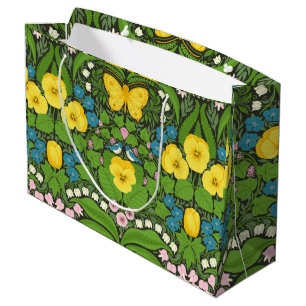 Grand Sac Cadeau Pansies jaunes, oiseaux et papillons