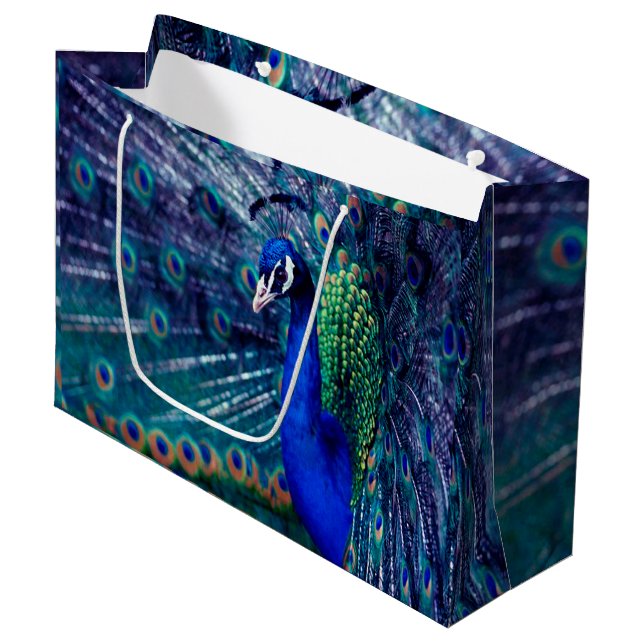 Grand Sac Cadeau Paon bleu (Devant Angle)