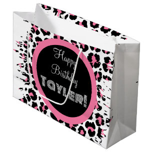 Grand Sac Cadeau Papier Cheetat rose et blanc personnalisé