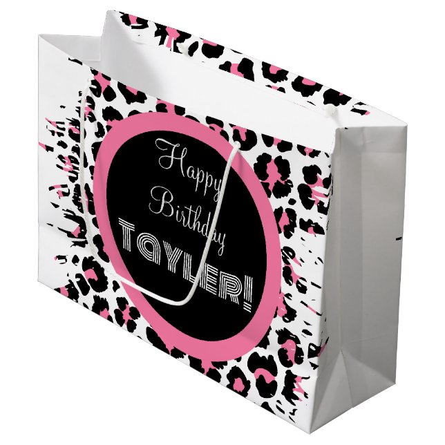 Grand Sac Cadeau Papier Cheetat rose et blanc personnalisé (Devant Angle)