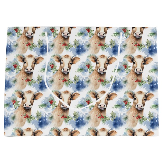 Grand Sac Cadeau Papier d'enveloppement de vaches d'aquarelle (Devant)