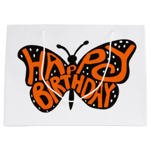 Grand Sac Cadeau Papillon Monarque Noir et Orange Joyeux Anniversai