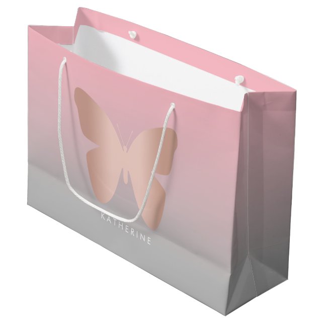 Grand Sac Cadeau Papillon rose d'or élégant et tendance (Devant Angle)