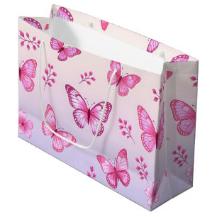 Grand Sac Cadeau Papillon rose et motif de fleurs
