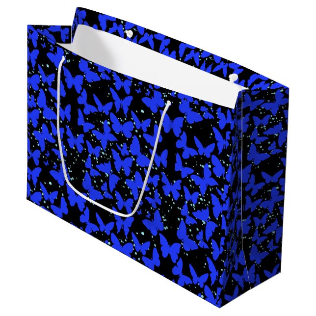 Grand Sac Cadeau Papillons bleus Motif C01.b Black BG (Devant Angle)