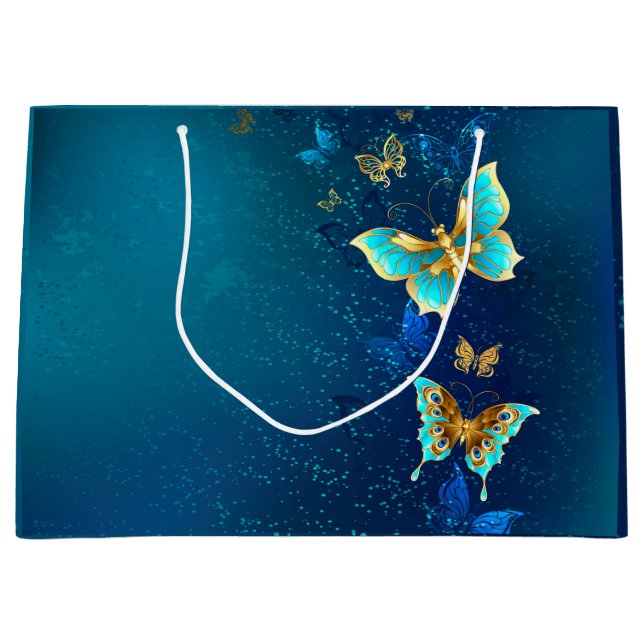 Grand Sac Cadeau Papillons d'or sur un Arrière - plan bleu (Devant)