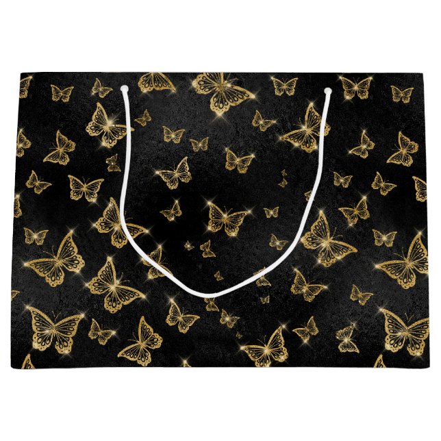 Grand Sac Cadeau Papillons glamés à étincelles d'or (Devant)