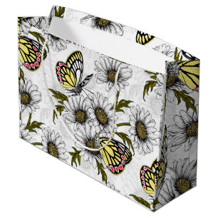 Grand Sac Cadeau Papillons Jézabel et fleurs marguerites sur blanc