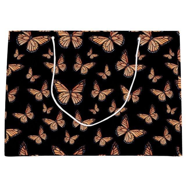 Grand Sac Cadeau Papillons Monarque sur Noir (Devant)