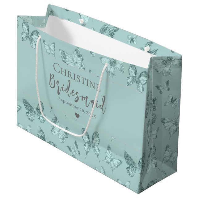 Grand Sac Cadeau Papillons Pastel Vert Menthe Pailleté Luxe (Devant Angle)