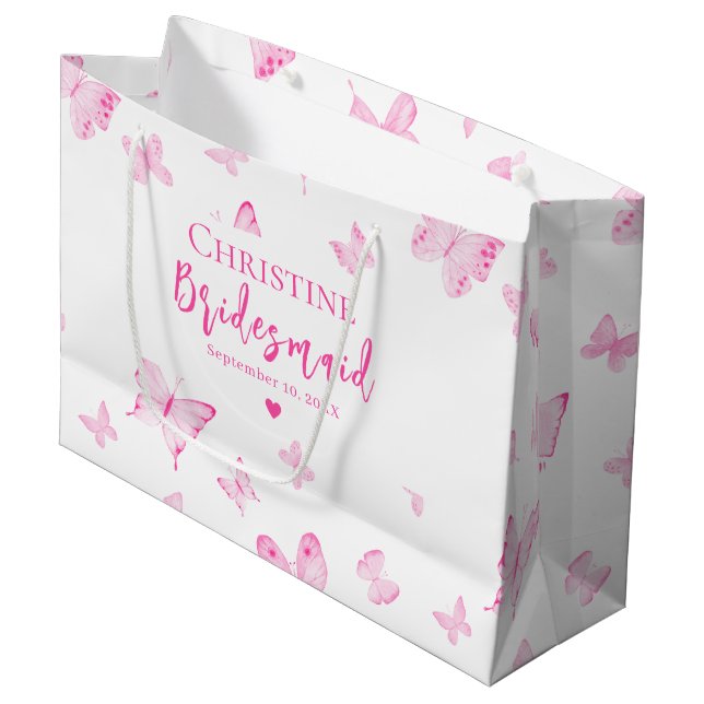 Grand Sac Cadeau Papillons rose Aquarelle Bridesmaid Merci (Devant Angle)