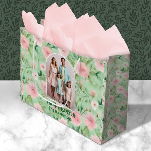Grand Sac Cadeau Pâques Photo personnalisée Pastel Rose & Flore ver