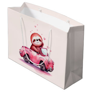 Grand Sac Cadeau Paresseux mignon conduisant une décapotable rose