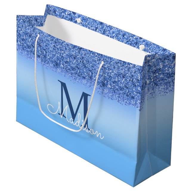 Grand Sac Cadeau Parties scintillant Blue Faux Monogramme Élégant (Devant Angle)