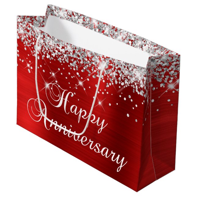 Grand Sac Cadeau Parties scintillant d'argent rouge Fancy Happy Ann (Devant Angle)