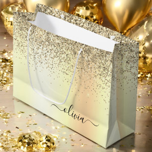 Grand Sac Cadeau Parties scintillant d'or Monogramme métallique Nom