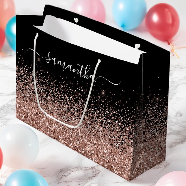 Grand Sac Cadeau Parties scintillant d'or noir et Rose Nom élégant (Black and Rose Gold Glitter Elegant Name Large Gift Bag)