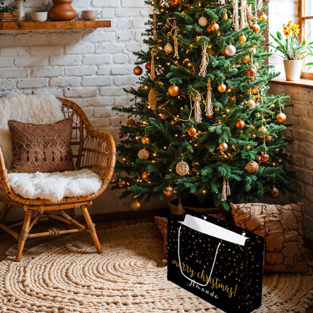 Grand Sac Cadeau Parties scintillant d'or Noir Joyeux Pois de Noël (Golden Glitter Black Merry Christmas Polka Dots Large Gift Bag)