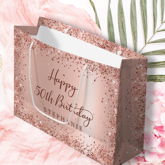 Grand Sac Cadeau Parties scintillant d'or Rose moderne Monogramme 5 (Créateur téléchargé)