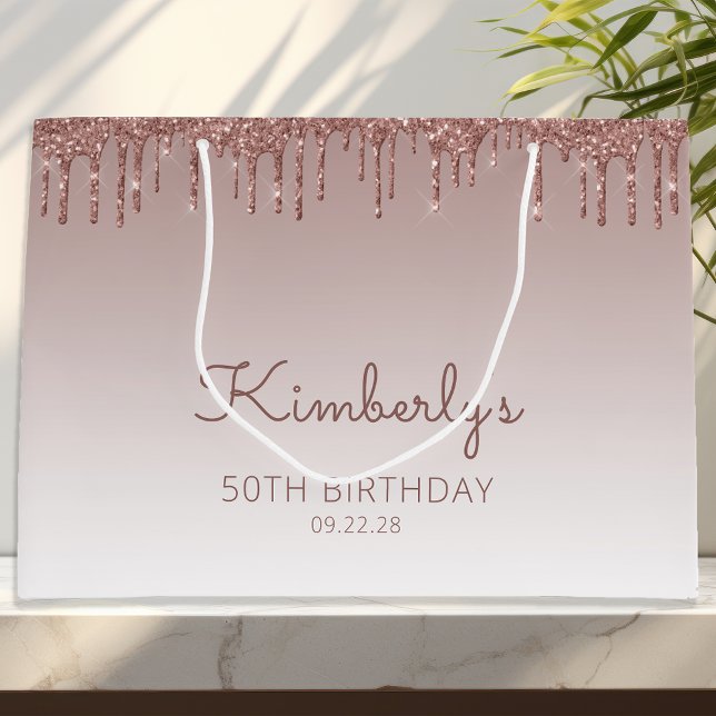 Grand Sac Cadeau Parties scintillant Drip 50th Birthday Rose Gold (Créateur téléchargé)