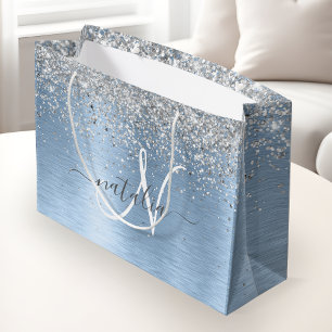 Grand Sac Cadeau Parties scintillant en argent brossé bleu Nom du m