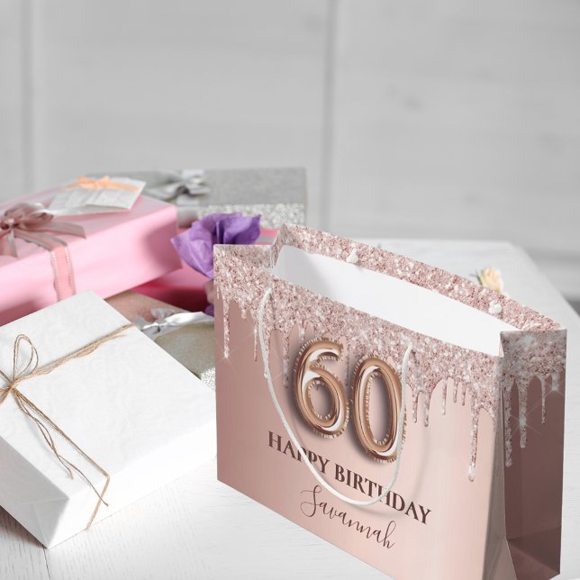 Grand Sac Cadeau parties scintillant en or rose gouttes 60e anniver (Créateur téléchargé)