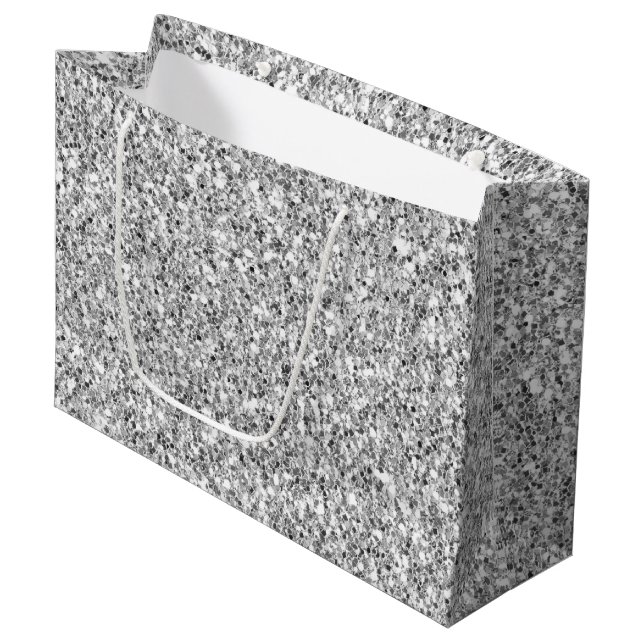 Grand Sac Cadeau Parties scintillant Glitzy Silver Faux (Devant Angle)