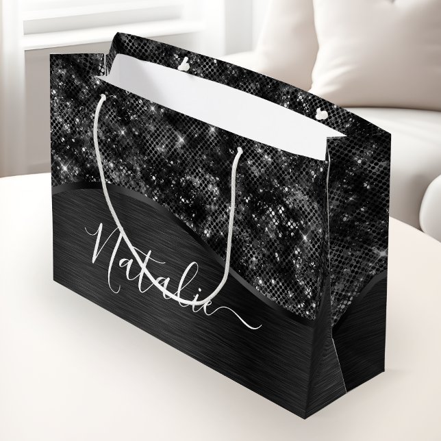 Grand Sac Cadeau Parties scintillant noire métallique personnalisée (Créateur téléchargé)