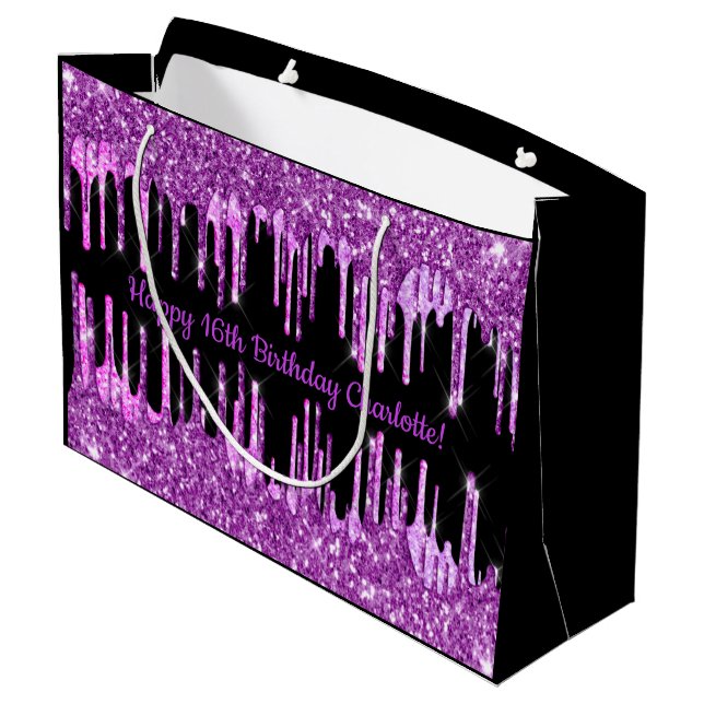 Grand Sac Cadeau Parties scintillant violet d'anniversaire gouttes  (Dos Angle)