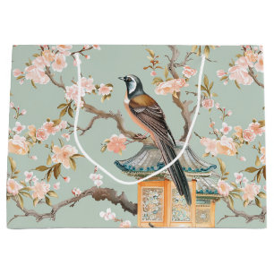 Grand Sac Cadeau Pastel Oriental Oiseaux et fleurs de fruits