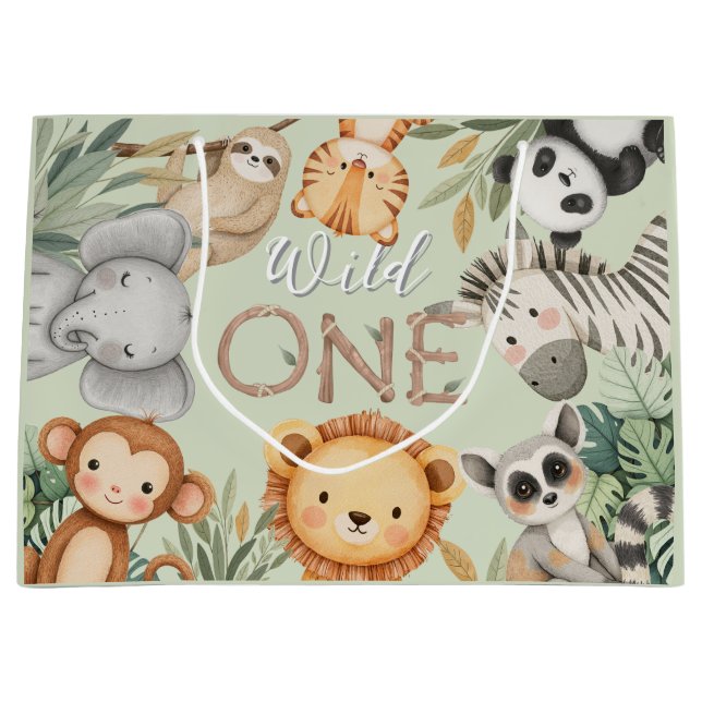 Grand Sac Cadeau Pastel Tropical Wild One Jungle Safari Animaux (Devant)