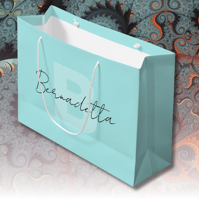 Grand Sac Cadeau Pastel Turquoise | Élégant script de nom manuscrit (Créateur téléchargé)