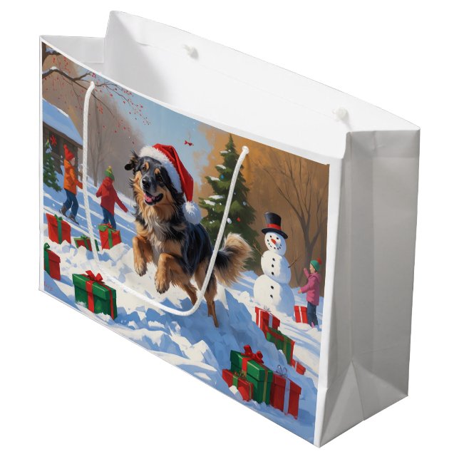 Grand Sac Cadeau Pasteur anatolien Noël Festif Neige (Devant Angle)