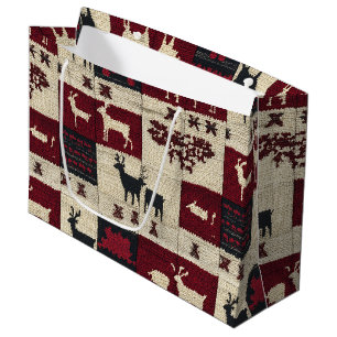Grand Sac Cadeau Patchwork croisé rustique Folk Holiday Motif