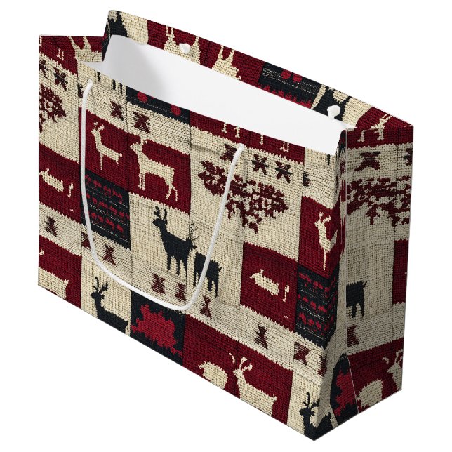 Grand Sac Cadeau Patchwork croisé rustique | Folk Holiday Motif (Devant Angle)