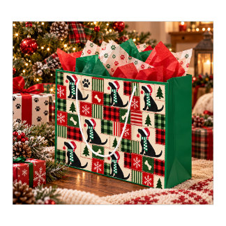 Grand Sac Cadeau Patchwork de Noël à thème de chien Labrador noir c
