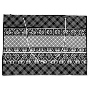 Grand Sac Cadeau Patchwork rayé noir et blanc avec dentelle