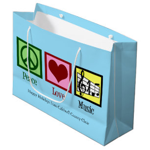 Grand Sac Cadeau Peace Love Musique Custom Blue Christmas