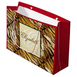 Grand Sac Cadeau Peau de tigre, monogramme, élégant, tigre, rayé