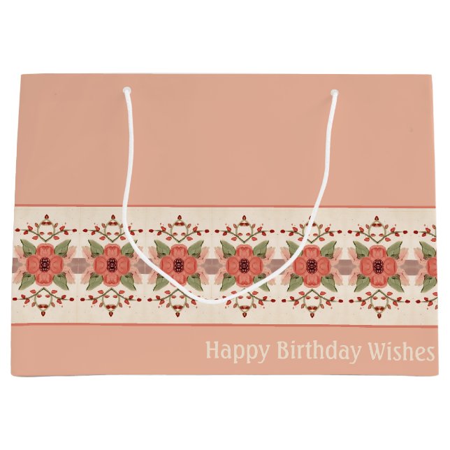 Grand Sac Cadeau Pêche Rose Et Rouille Rouge Floral (Devant)