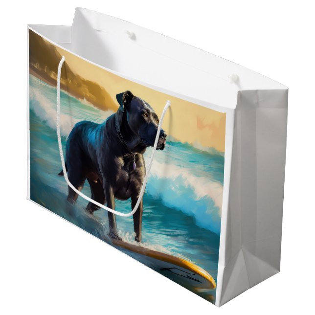 Grand Sac Cadeau Peinture de Cane Corso faisant du surf sur la plag (Devant Angle)