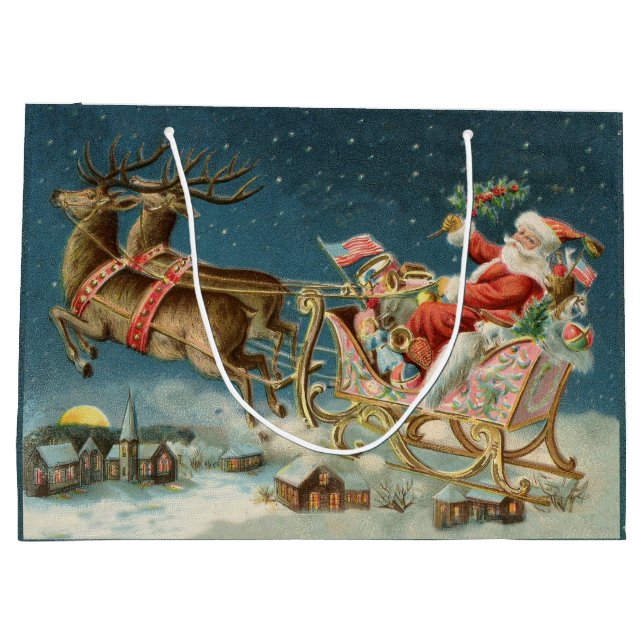 Grand Sac Cadeau Père Noël Antique Sleigh Reindeer (Dos)