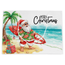 Père Noël Noël en juillet à la plage surfeur