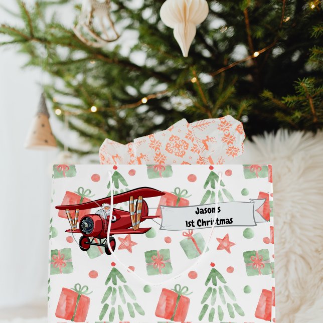 Grand Sac Cadeau Père Noël Vol Avion, Premier Noël Personnalisé (Créateur téléchargé)