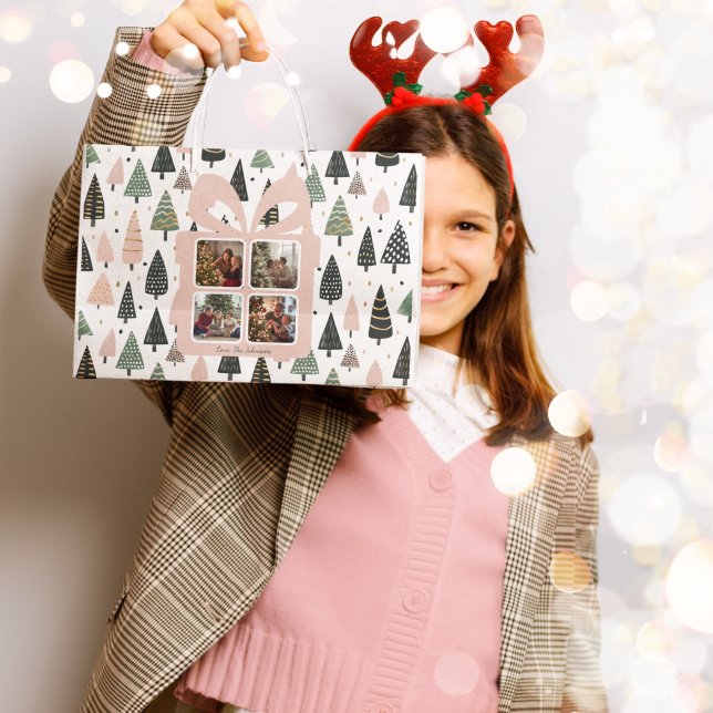 Grand Sac Cadeau Personalized Modern Pink Christmas Photo Gift Bag (Créateur téléchargé)