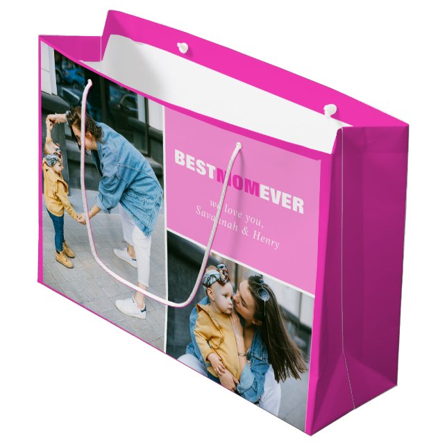 Grand Sac Cadeau Personnalisé Fête des mères photo Meilleure maman  (Devant Angle)